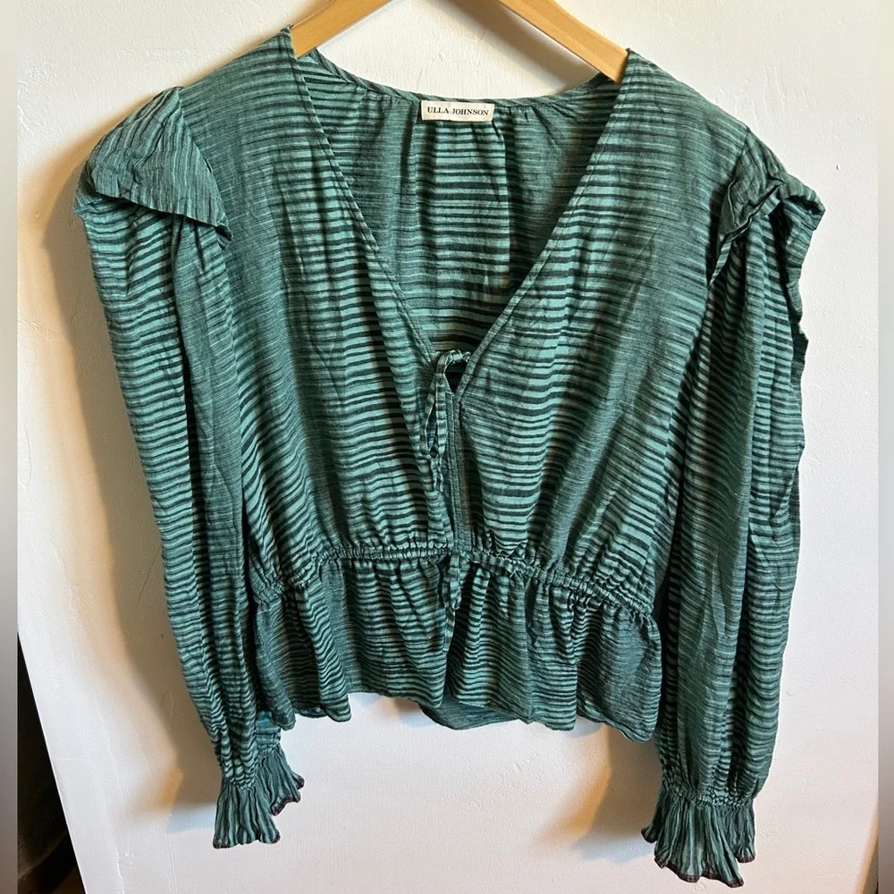 ULLA JOHNSON Ophelia Gathered Striped Cotton-Voile Peplum Blouse